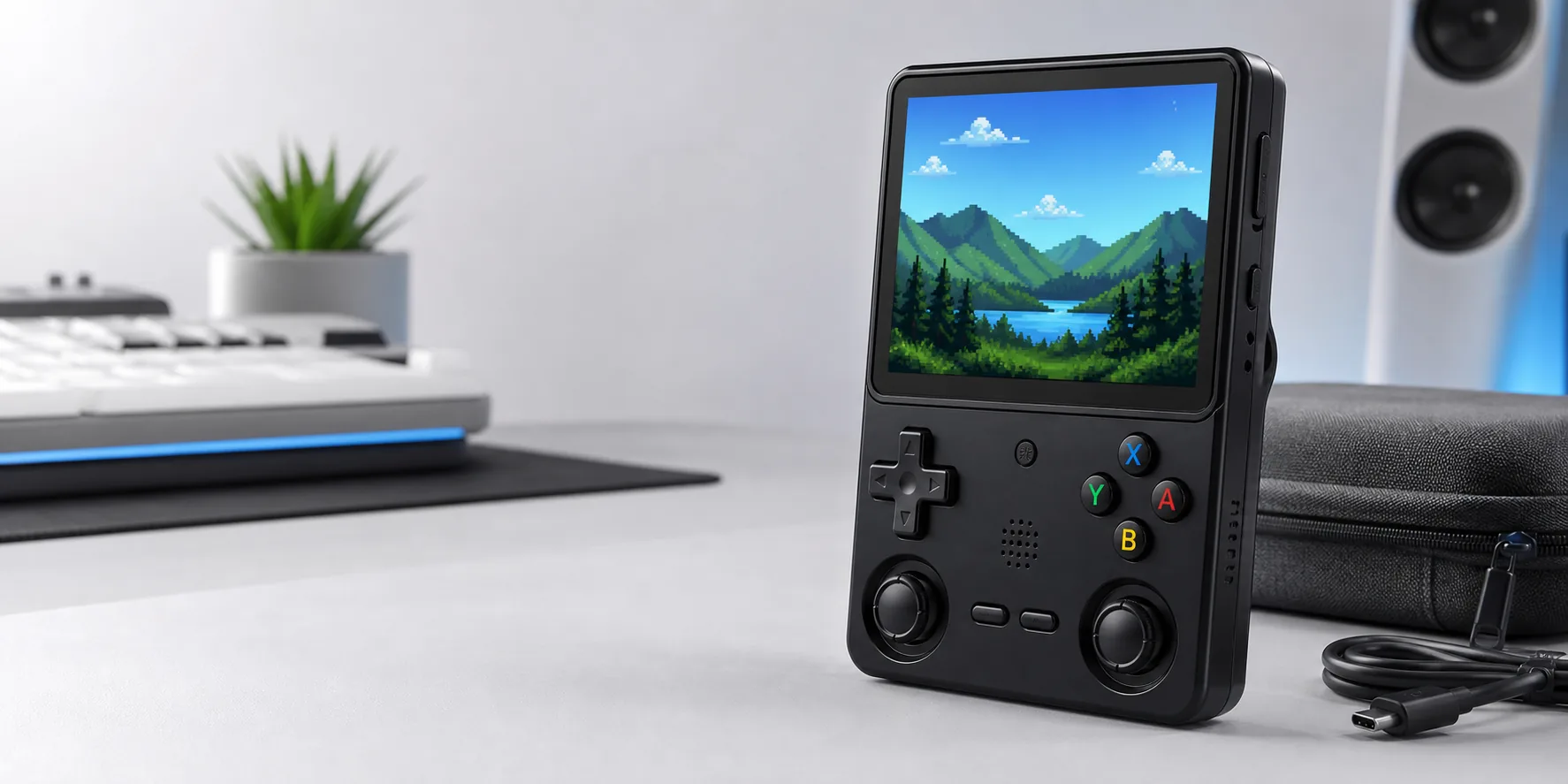 R36S retro handheld console with original pixel art screen