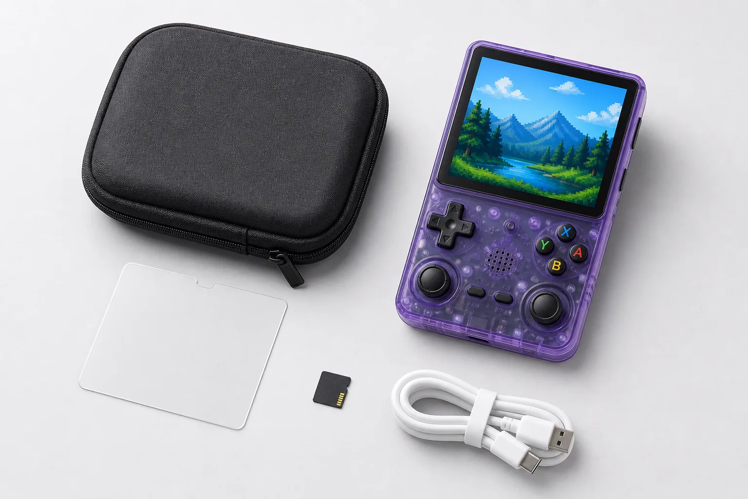 R36S handheld console bundle with case and accessories